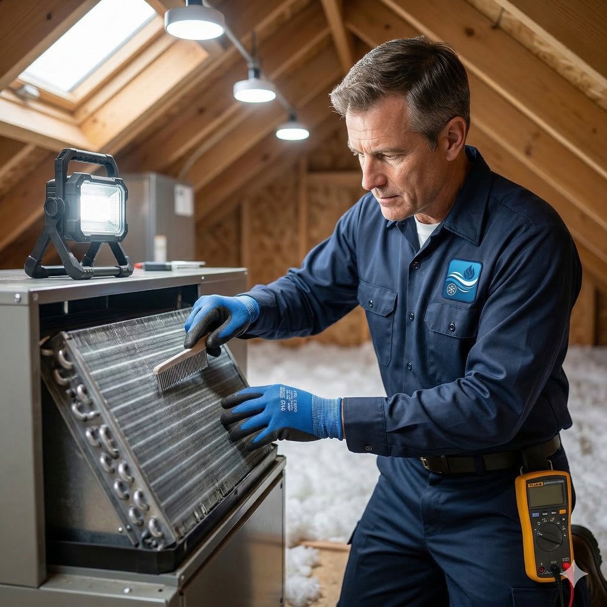 Close-up of hands inspecting an AC filter — the kind of detail work done on every maintenance visit