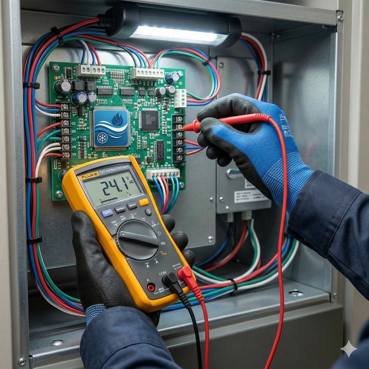 Technician using diagnostic tools on an HVAC unit — exactly what a repair visit looks like